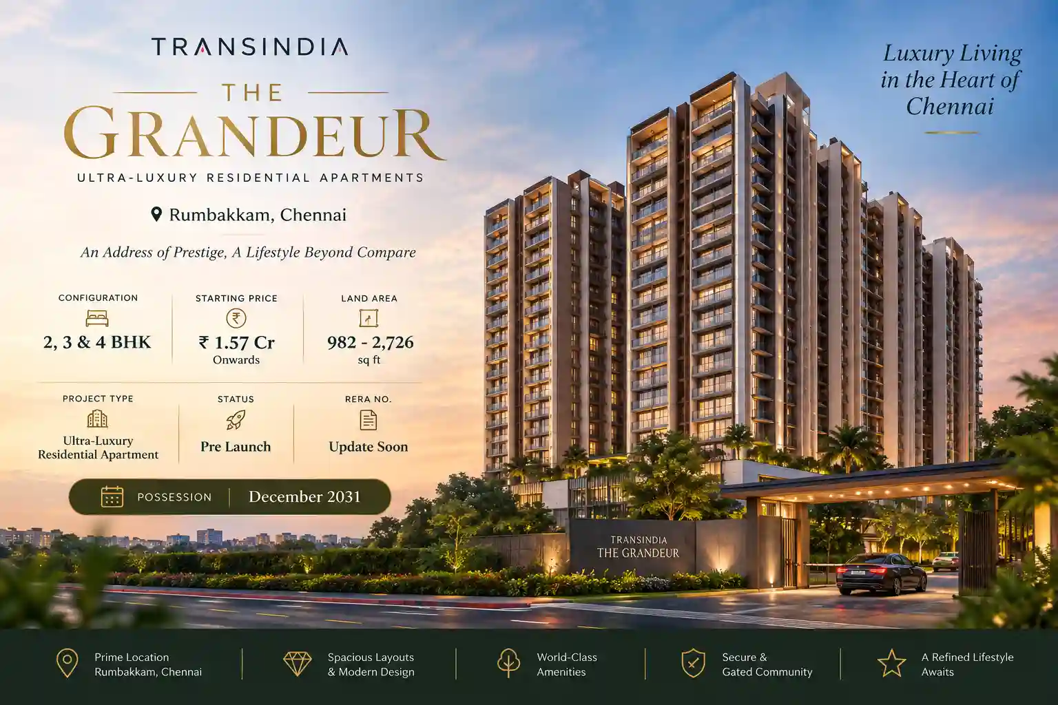 Transindia The Grandeur ultra-luxury 2, 3 and 4 BHK apartments in Arumbakkam, Chennai